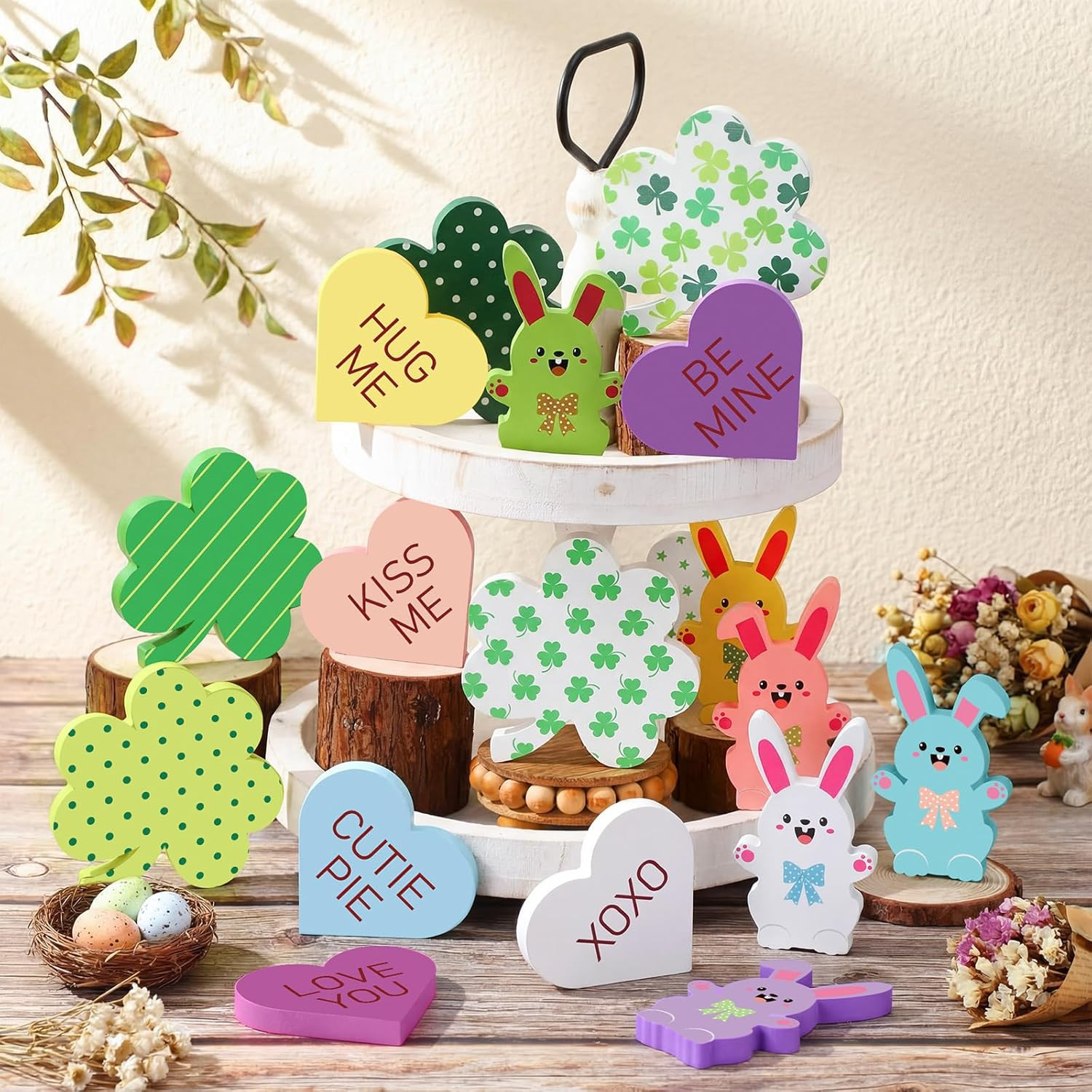 18 Pcs Valentine'S Day Table Decorations Set Wooden Colorful Conversation Hearts thumbnail 6