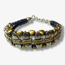 Lucky Brand Two Tone Tribal Triangle Bead Blue Woven Leather Bracelet 7  