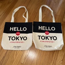 Lot of 2 SHISEIDO Hello from Tokyo Graphics Canvas Shoulder Tote Bag 12" x 12.5"