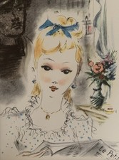 Tableau ancien estampe gravure illustration couleur jeune femme romantique