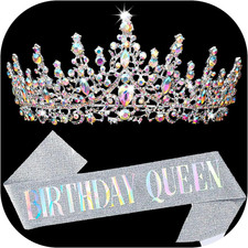 Birthday Queen Sash for Women, Tiara and Rhinestone Headband Set, Glitter Crown
