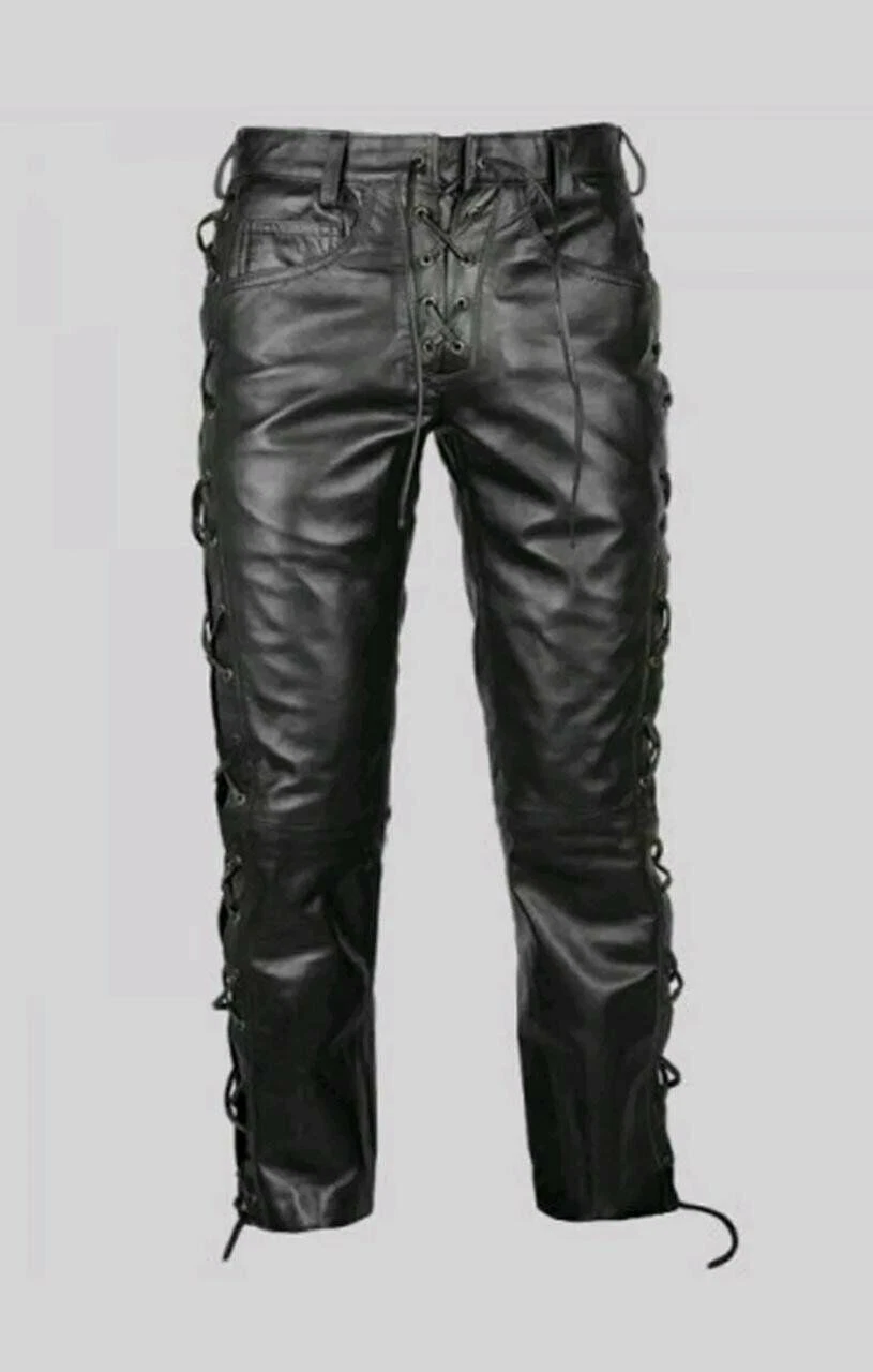 Men's Motorbike Natural Genuine Black Leather Jeans Style Side Laces Pant