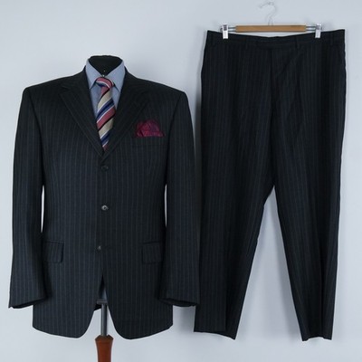 Herren Gestreifter Anzug 44R UK Größe Hose W37 L30 YVES GERARD Grau Wolle 2 Teiler