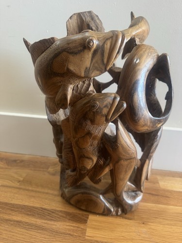 Handmade Hand-Carved Wood Dolphin and Fish Figurine Sculpture Home Decor Art