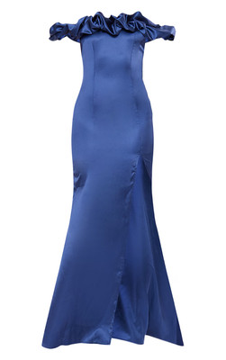 pretty little thing Damen Maxikleid marineblau Satin Rüschen Bardot verschüttet Gr. 12