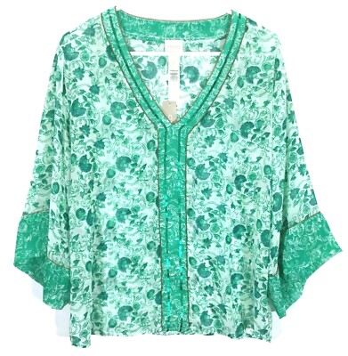 Chicos Womens Congo Floral Green Beaded Tunic Top Petite Size 1/M Semi Sheer