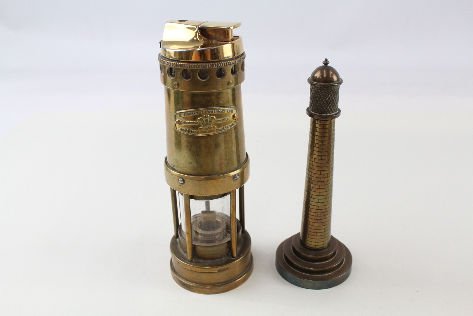 Vintage Table Desk Lighters MCM Brass Lighthouse & Miners Lamp Unknown