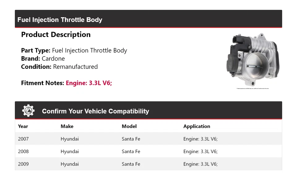 Para Hyundai Santa Fe 2007-2009 3,3 L V6 carrocería de acelerador de inyección de combustible Cardone 2008 Foto 2 de 4