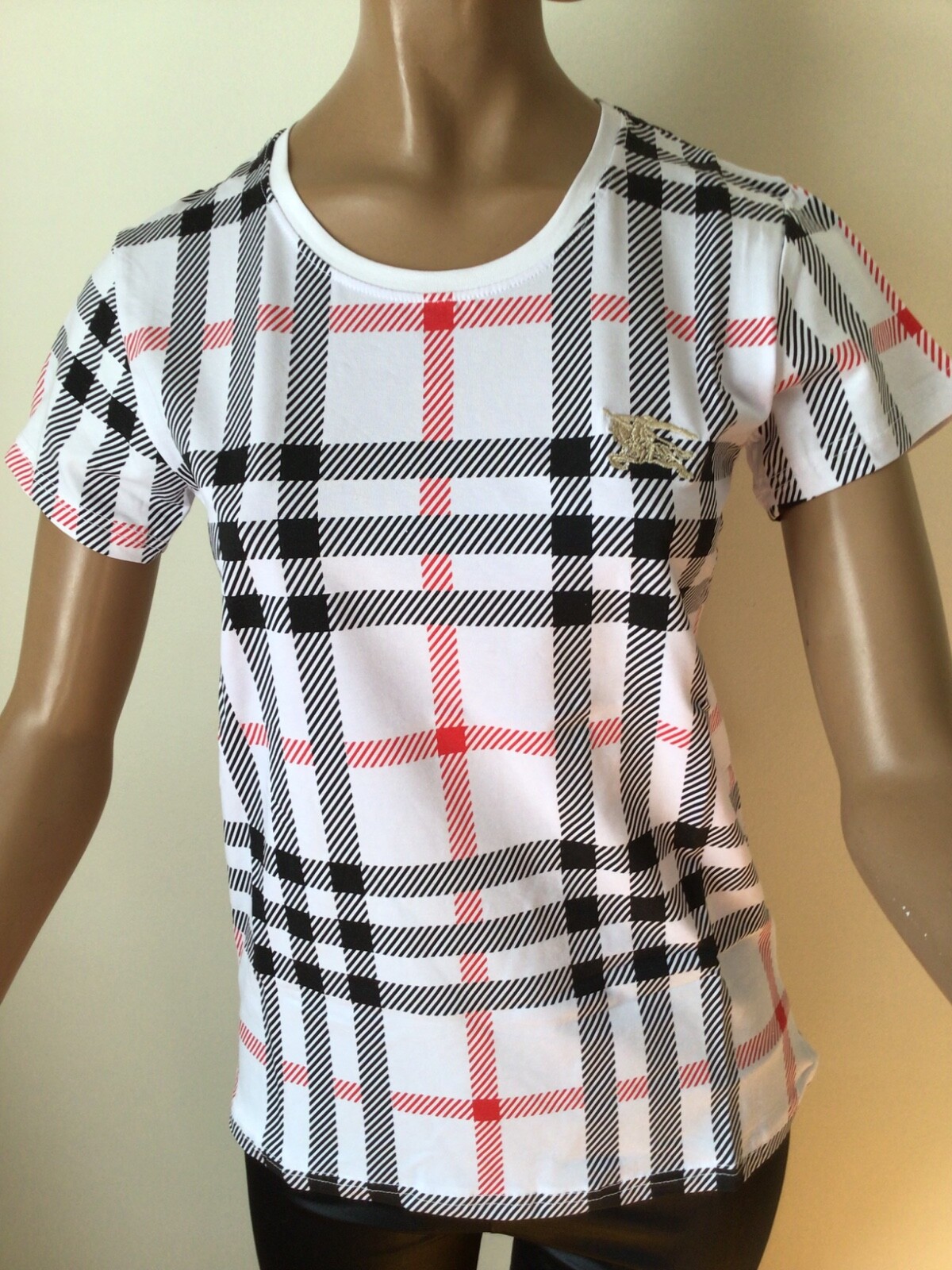 NEW BURBERRY LONDON  WHITE/BLACK/RED COTTON STRETCHED TOP SIZE XL