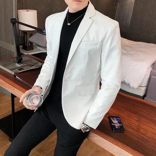 Weiße Herren Anzug Lederjacke / Herren Anzug Blazer Elegant Business Mantel - Bild 3 von 27