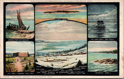 The First Street in Plymouth 1622 Collage Mayflower Clarks Island Postcard