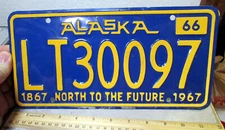 vintage NEW MINT 1966-67 Alaska Purchase Centennial license Plate LT 30097