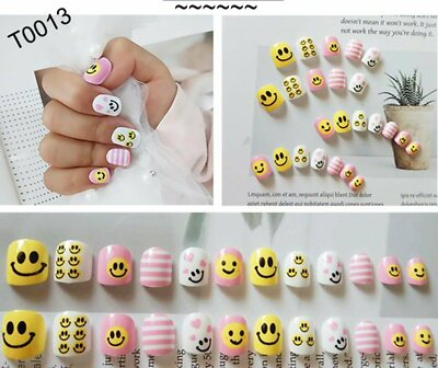 Children S False Nails Kids Full Cover Smiley Faces Pink White Yellow T0013 Ebay
