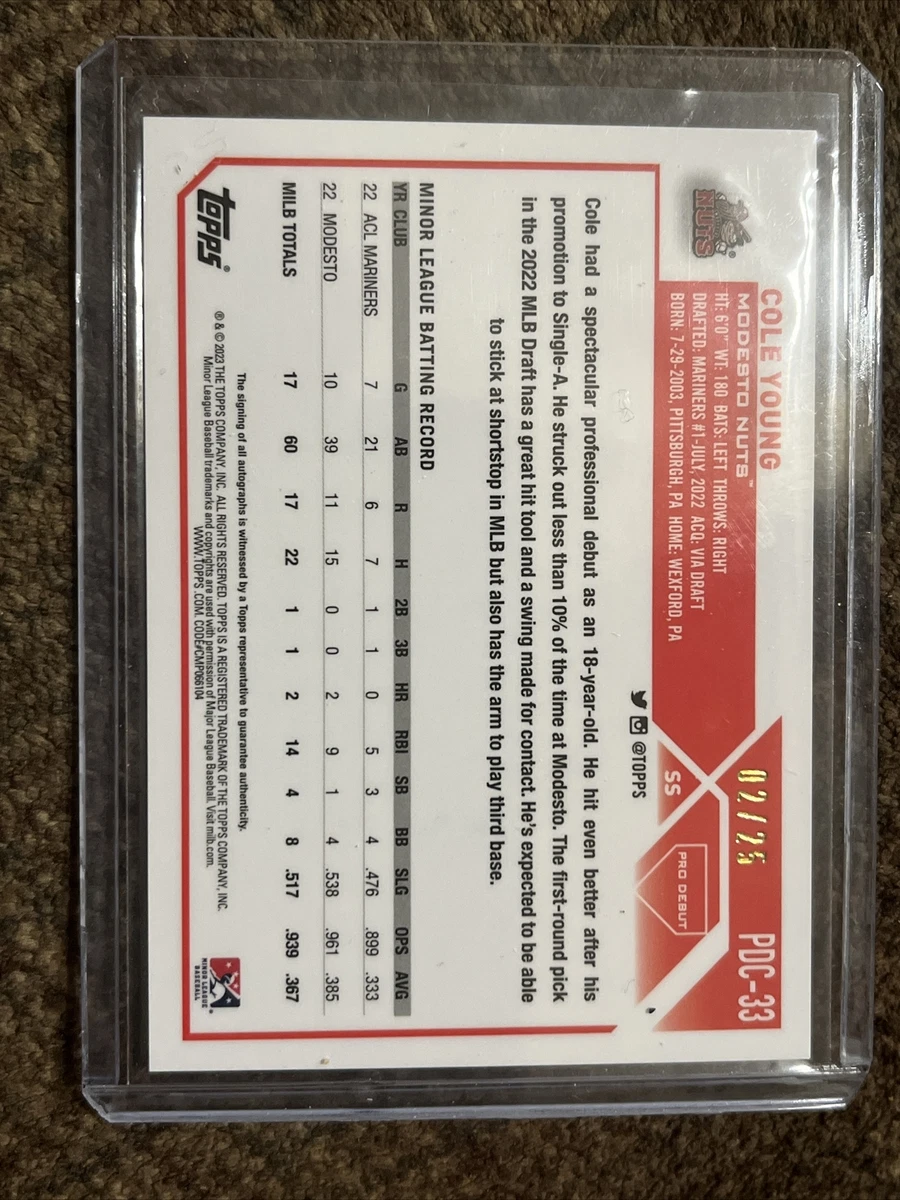 Cole Young 2023 TOPPS PRO DEBUT CHROME ORANGE LAVA REFRACTOR RC