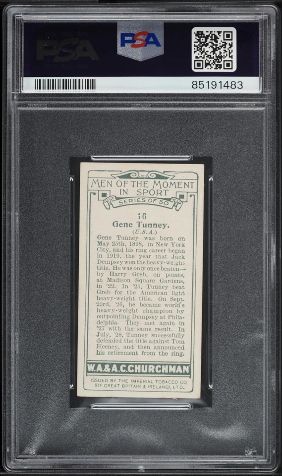 1928 WA & AC Churchman Men Of The Moment Small Boxing #16 Gene Tunney PSA 7 NM - Image 2 of 2