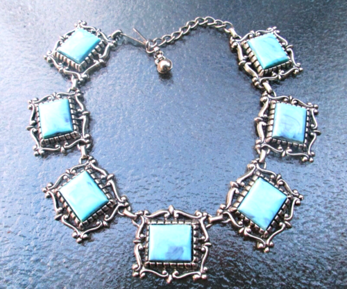 Vintage Chunky Silver Southwestern Statement Necklace Faux Turquoise Stones - Picture 1 of 7