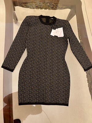 Balmain Monogram Jacquard Long Sleeve Body-Con Minidress in Uee Kaki/Noir at Nordstrom, Size 10 Us