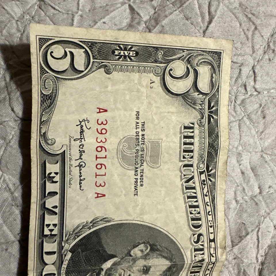 Billete de 5 dólares 1963 sello rojo (circulado) Foto 3 de 4