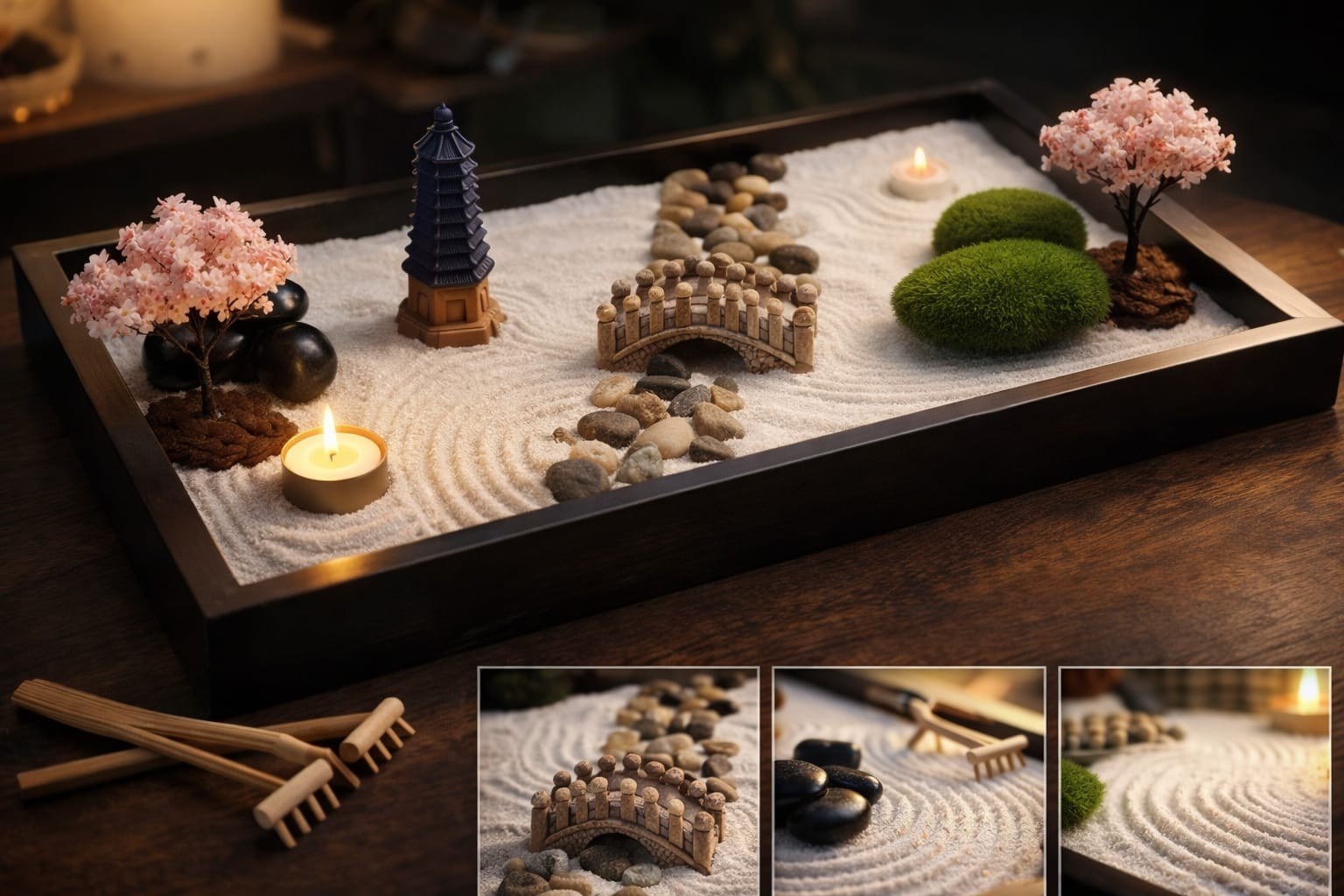 Japanischer Zen-Garten mit Zubehör – Mini Tischgarten Deko-Set