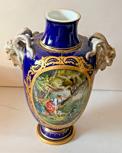 Painted Rams Head Antique Sevres Cobalt Porcelain Urn Vase Ram Head Handles Hand Painted ...
