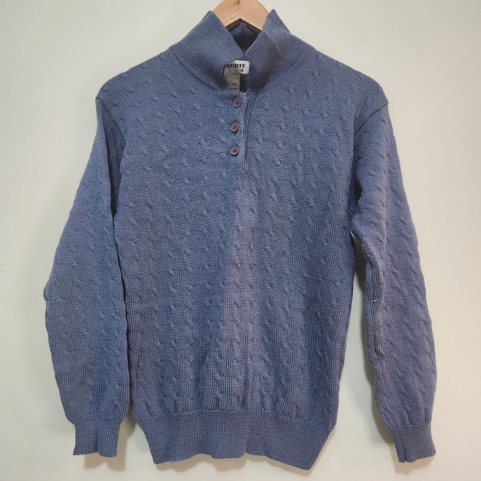 Biscote Vintage 100% Wool Cable Knit Jumper Sweater Blue size Small cottagecore 