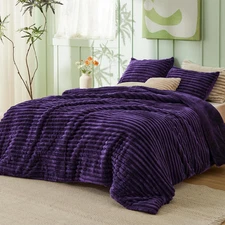 Fluffy King Comforter Set - Soft Faux Fur Fleece Bedding, 3Pcs Purple, Pillowcas