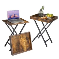  Foldable TV Tray Set of 2 TV,End Table with Removable Food Rustic Brown