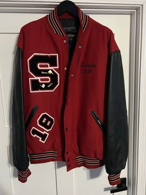2018 Holloway Letterman Varsity Jacket Red Wool black Leather sleeves 3X Long - Image 1 of 3
