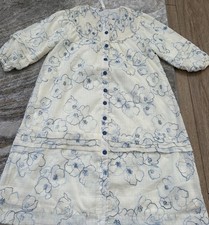 Girls Ivory Blue Floral A-Line Knee Length Dress 3/4 Puff Sleeve Button