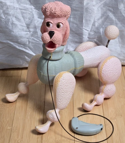 Vintage 1963 Louis Marx Penny the Poodle Large Walking Dog Pull Toy Pink Blue