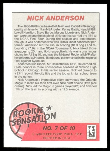 Nick Anderson Orlando Magic #7 1990-91 Fleer Rookie Sensations Basketball Card - Picture 2 of 2