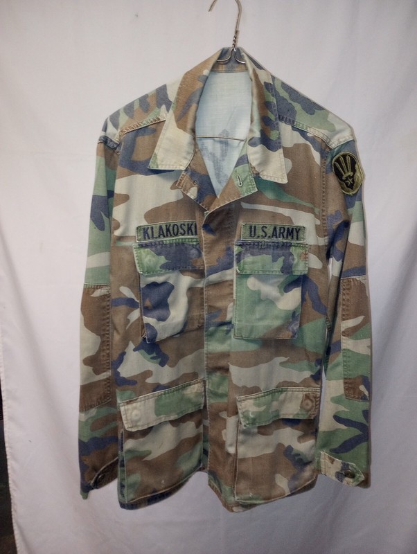 US Army Woodland Camouflage BDU, Cap, Coat, Trousers Late 1980's with Patches