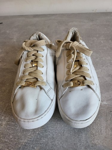 Michael Kors Women's White Gold Leather Sneakers Shoes Size 4 - Picture 2 of 12