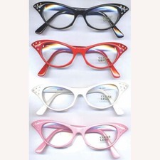 50's Cat Eye Costume Glasses Assorted Color Frames W/ Faux Rhinestone Accent