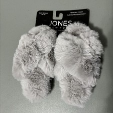 Jones New York Fuzzy Slippers House Shoes Women's Crossover Strap 5-6 Gray Small