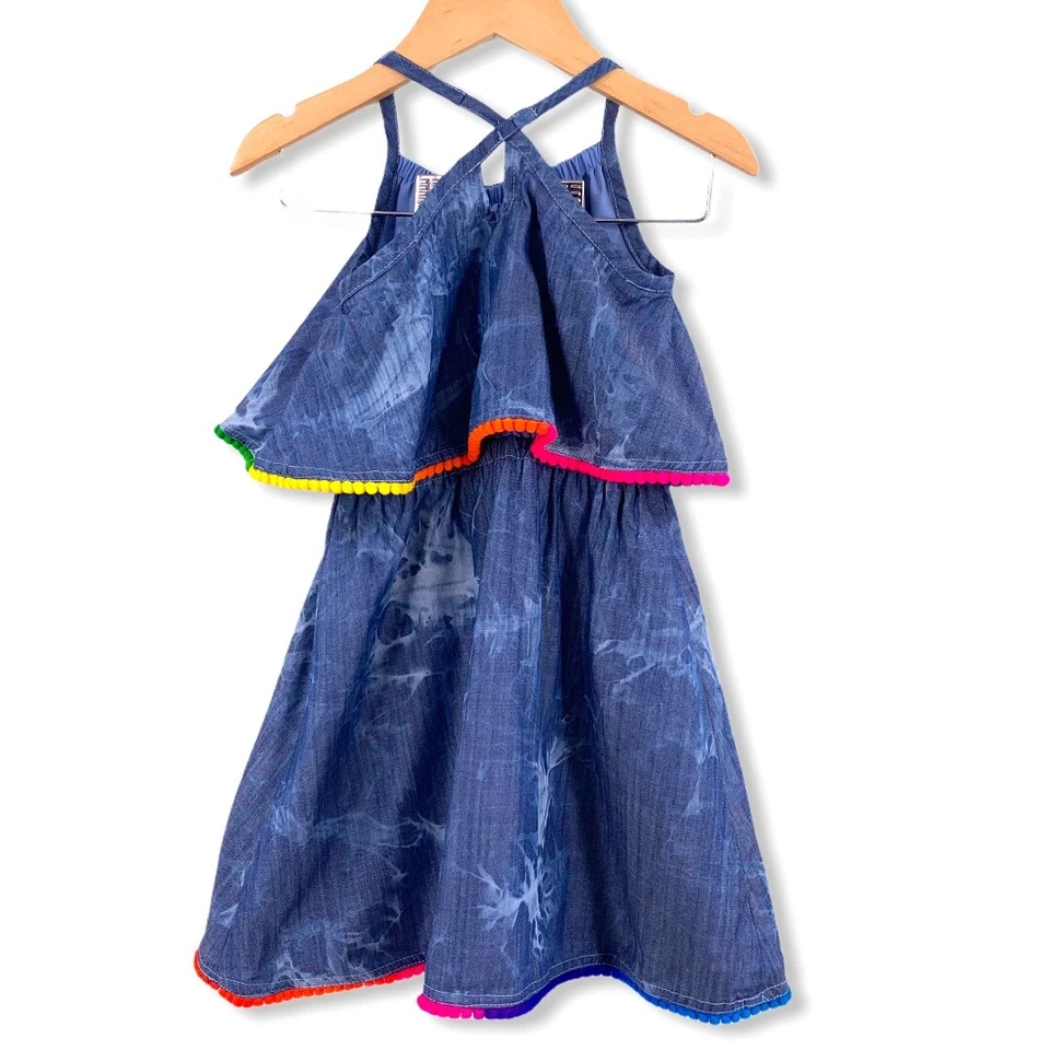 Appaman Lee Dress River Wash Rainbow Pom Pom Trim 2T - Image 3 of 4
