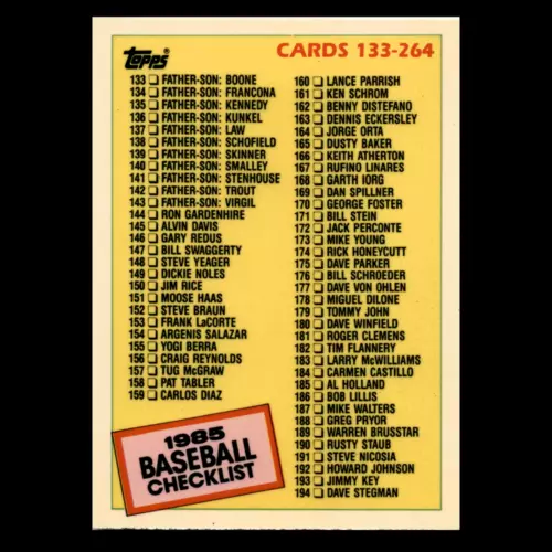 1985 Topps Tiffany CheckList 133-264 Clemens #261 Print Run 5,000 Near Mint NM