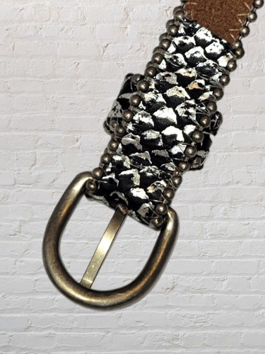 Vtg 1980s Leather Belt Silver Hardware Brown Calf Hair Zebra Print 44" Boho - Picture 3 of 4