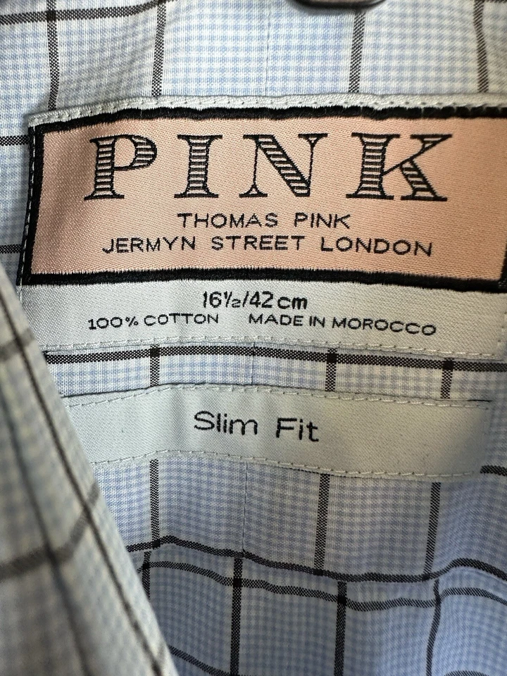 Pink Dress Shirt 16 1/2 42cm Blue Checkered French Cuff Slim Fit Long Sleeve - Image 4 of 4