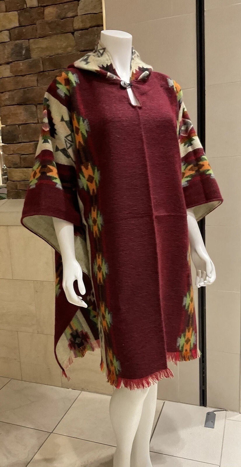 HANDMADE ALPACA WOOL PONCHO, Navajo Geometric, Soft And Warm, Made In Ecuador