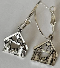 Etched Silver Nativity Scene Dangle Hoop Earrings. Holidays. Christmas