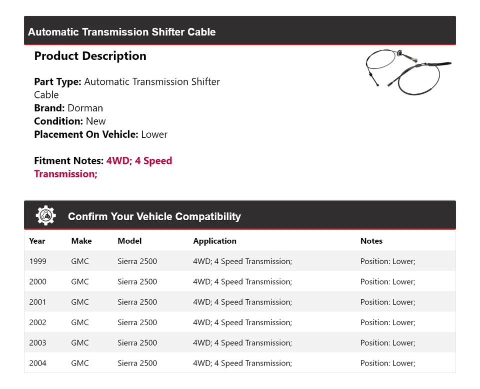 Нижний кабель переключателя передач для 1999-2004 GMC Sierra 2500 4WD Dorman AT 2000 2001 2002 - Изображение 2 из 4
