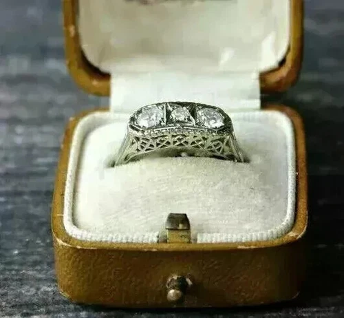 Art Deco Three-Stone Round Lab Created Diamond 14K White Gold FN Engagement Ring