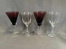 Vintage Set of 4 = 2 Dema & 2 Amethyst Cordial Glasses Twisted Stems Barware