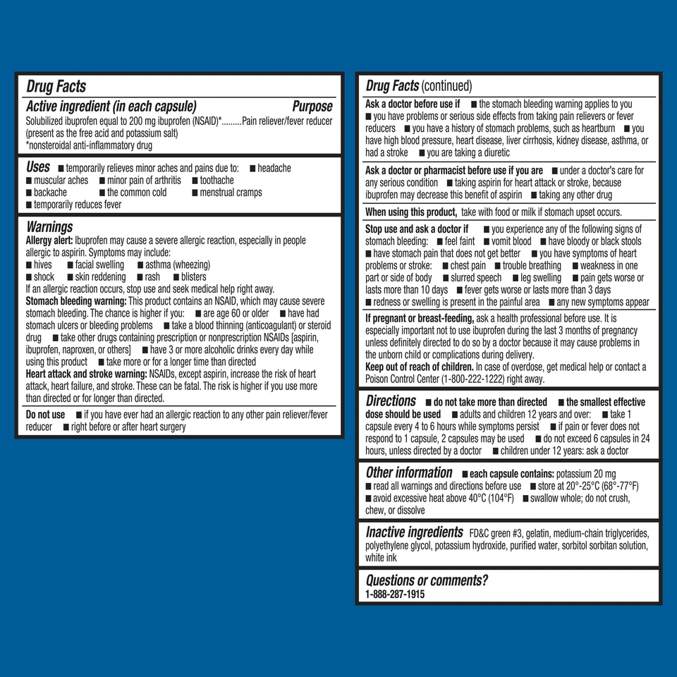 Mini cápsulas blandas Equate Ibuprofeno analgésico y reductor de fiebre 200 mg 300 unidades Foto 3 de 4