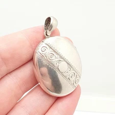 Antique Victorian Solid Silver Locket Hand Engraved Band Oval Large Big Pendant