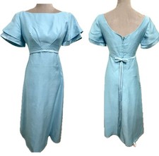 60s Vintage Emma Domb Blue Gown Maxi Dress 9 Retro Pin-Up Fairy Bow USA Union
