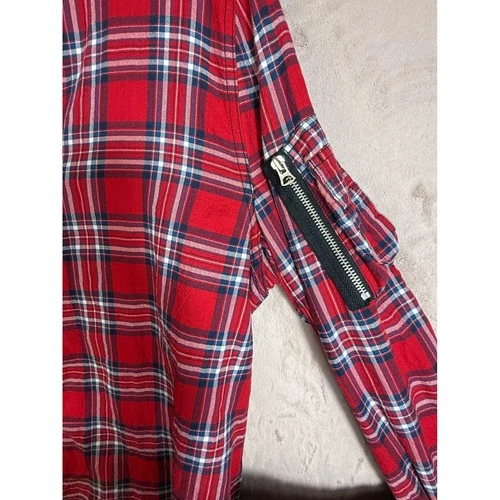 R13 Flight Shirt Mens XL Red Plaid Japanese Fabric Zip Up Bomber Jacket Longline image 13