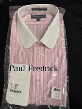Paul Fredrick French Cuff Dress Shirt 17.5 36 Pink Stripe Contrast Collar Banker