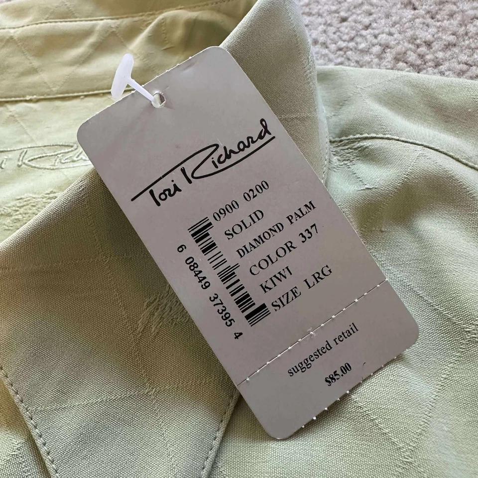 NUEVO CON ETIQUETAS Camisa Tori Richards Verde 100% Seda Manga Corta Abotonada Palmeras Talla L Foto 3 de 4